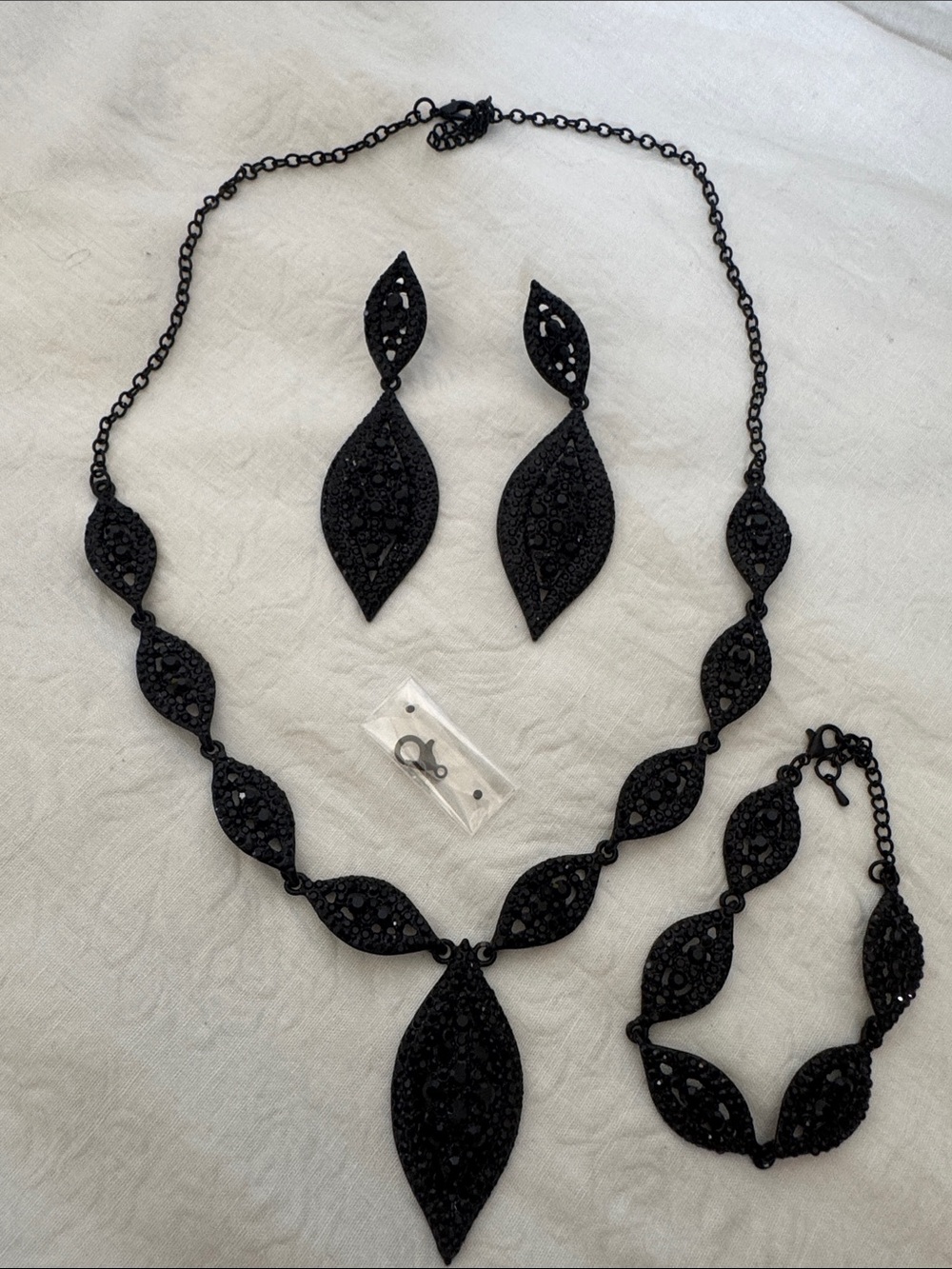 Wedding Black Leaf Statement Necklace, Bracelet & Earrings Set Black Rhinestone